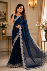 Dista Elora Navy Blue Shimmer Chiffon Plain/Solid Scalloped Edge Embroidered Border Bollywood Saree, view 3