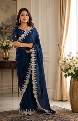Dista Elora Navy Blue Shimmer Chiffon Plain/Solid Scalloped Edge Embroidered Border Bollywood Saree, view 4
