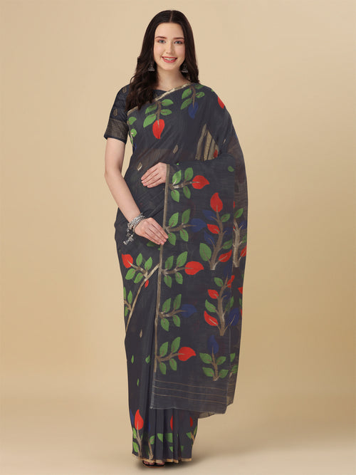 Dista Elora Navy Blue Soft Cotton Floral Printed Bhagalpuri Designer Saree