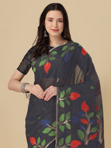 Dista Elora Navy Blue Soft Cotton Floral Printed Bhagalpuri Designer Saree, view 2