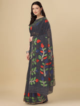 Dista Elora Navy Blue Soft Cotton Floral Printed Bhagalpuri Designer Saree, view 3