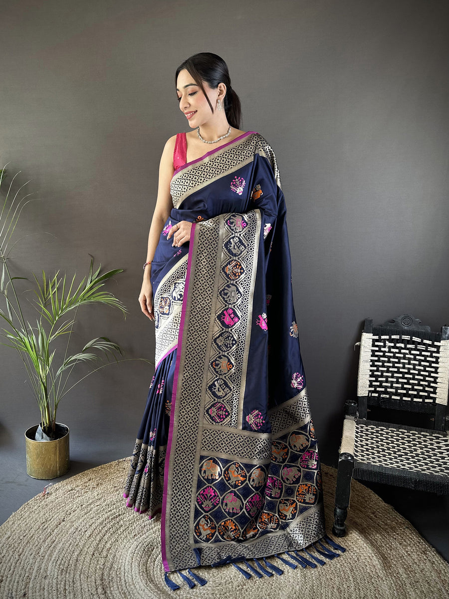 Dista Elora Navy Blue Soft Lichi Silk Elephant & Floral Motifs Minakari Work Banarasi Saree