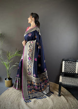 Dista Elora Navy Blue Soft Lichi Silk Elephant & Floral Motifs Minakari Work Banarasi Saree, view 2
