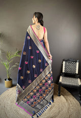 Dista Elora Navy Blue Soft Lichi Silk Elephant & Floral Motifs Minakari Work Banarasi Saree, view 3