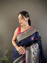 Dista Elora Navy Blue Soft Lichi Silk Elephant & Floral Motifs Minakari Work Banarasi Saree, view 4