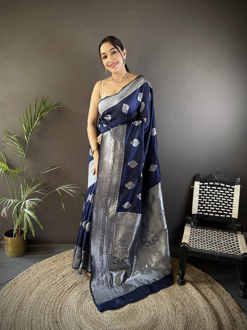 Dista Elora Navy Blue Soft Silk Floral Motifs Banarasi Saree