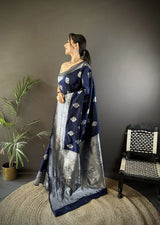 Dista Elora Navy Blue Soft Silk Floral Motifs Banarasi Saree, view 2