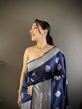 Dista Elora Navy Blue Soft Silk Floral Motifs Banarasi Saree, view 4