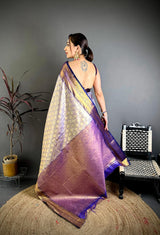 Dista Elora Navy Blue Soft Silk Ikkat Leheriya Weaving Saree, view 3