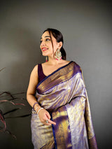 Dista Elora Navy Blue Soft Silk Ikkat Leheriya Weaving Saree, view 4