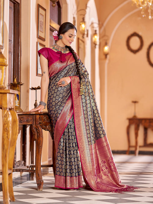 Dista Elora Navy Blue Soft Silk Woven Banarasi Silk Zari Jacquard Work Designer Saree