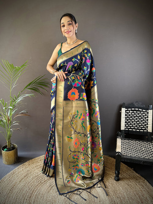 Dista Elora Navy Blue Soft Silk Zari Woven Floral Motifs Paithani Saree