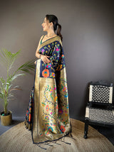 Dista Elora Navy Blue Soft Silk Zari Woven Floral Motifs Paithani Saree, view 2