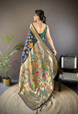 Dista Elora Navy Blue Soft Silk Zari Woven Floral Motifs Paithani Saree, view 3