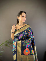 Dista Elora Navy Blue Soft Silk Zari Woven Floral Motifs Paithani Saree, view 4