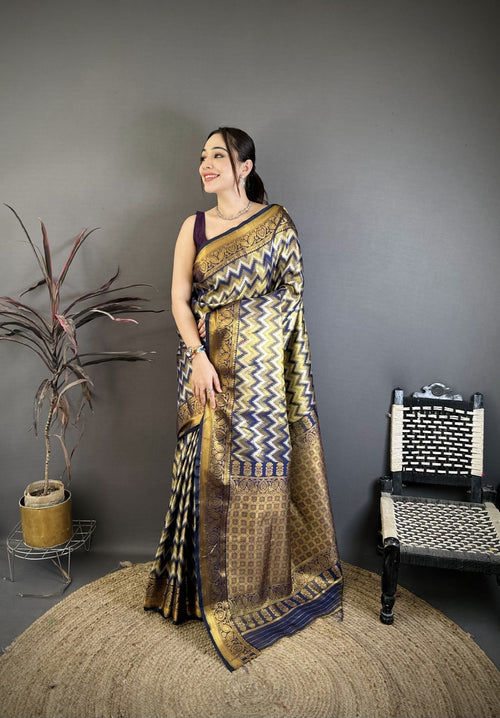 Dista Elora Navy Blue Soft Silk Zig Zag Leheriya Zari Weaving Saree