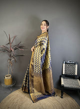 Dista Elora Navy Blue Soft Silk Zig Zag Leheriya Zari Weaving Saree, view 2
