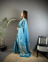Dista Elora Ocean Blue Satin Silk Floral Motifs & Ethnic Silver Zari Design Kanchipuram Saree, view 2