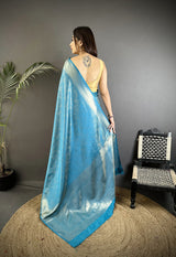 Dista Elora Ocean Blue Satin Silk Floral Motifs & Ethnic Silver Zari Design Kanchipuram Saree, view 3