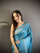 Dista Elora Ocean Blue Satin Silk Floral Motifs & Ethnic Silver Zari Design Kanchipuram Saree, view 4