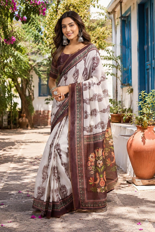 Dista Elora Off White Chanderi Cotton Floral Jaal Printed Ready To Wear Saree