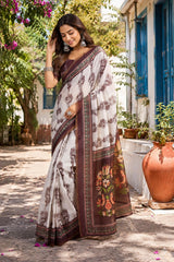 Dista Elora Off White Chanderi Cotton Floral Jaal Printed Ready To Wear Saree, view 2