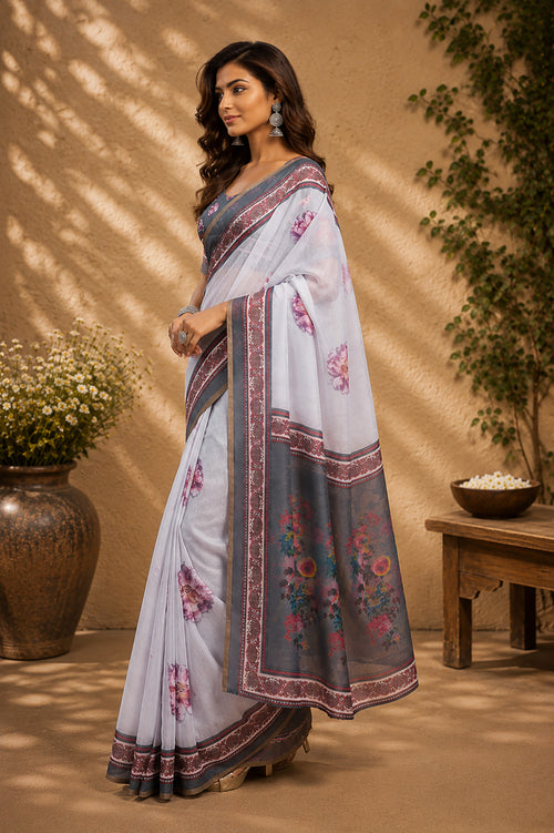 Dista Elora Off White Chanderi Cotton Floral Printed Ready To Wear Saree