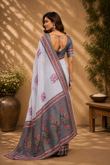 Dista Elora Off White Chanderi Cotton Floral Printed Ready To Wear Saree, view 2