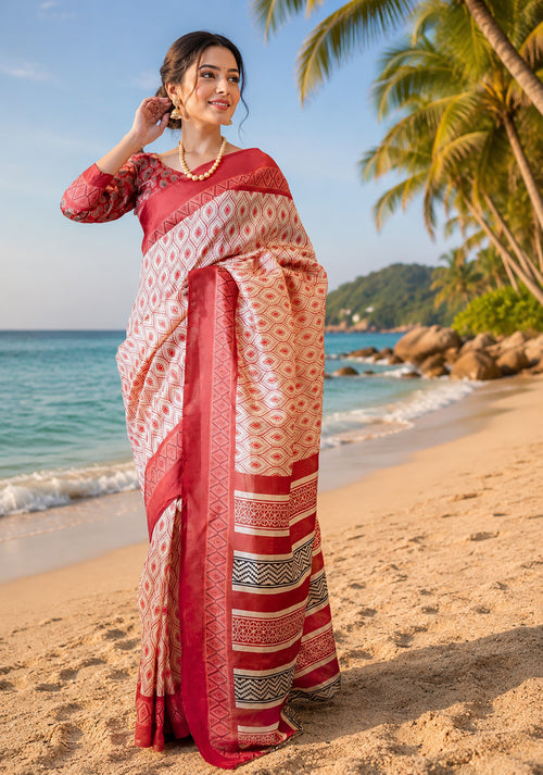 Dista Elora Off White Chanderi Cotton Ikat Printed Ready To Wear Saree