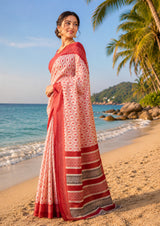 Dista Elora Off White Chanderi Cotton Ikat Printed Ready To Wear Saree, view 2