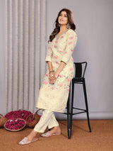 Dista Elora Off White Chanderi Floral Printed Straight V Neckline Kurta Set, view 4