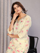 Dista Elora Off White Chanderi Floral Printed Straight V Neckline Kurta Set, view 5