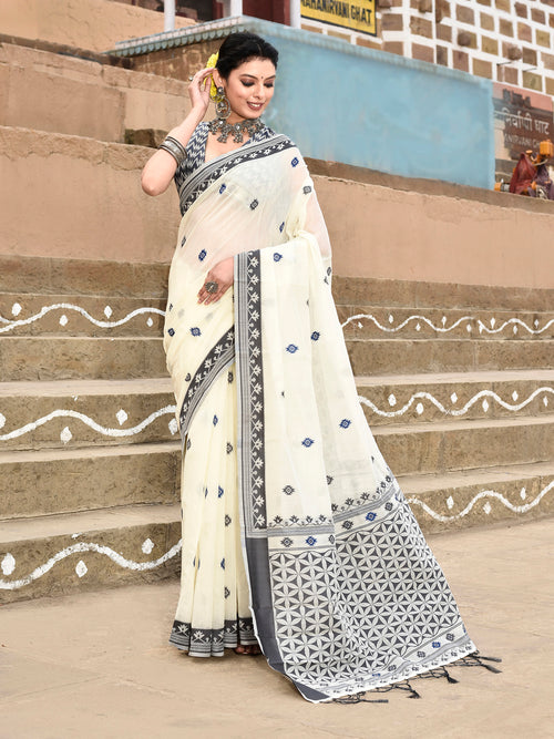 Dista Elora Off White Cotton Butti Weave Handloom Wedding Wear Saree