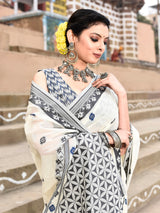 Dista Elora Off White Cotton Butti Weave Handloom Wedding Wear Saree, view 3