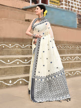 Dista Elora Off White Cotton Butti Weave Handloom Wedding Wear Saree, view 4