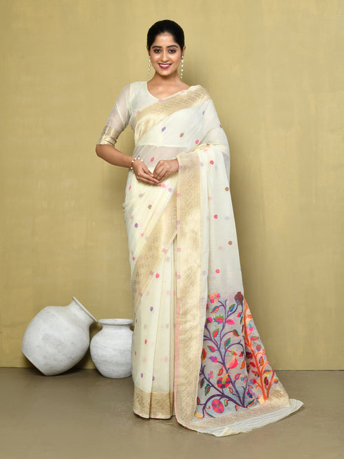 Dista Elora Off White Cotton Floral Embroidered Festive wear Saree