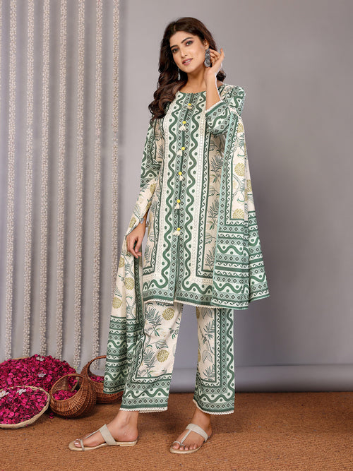 Dista Elora Off White & Forest Green Linen Floral & Geometric Printed Straight Round Neck Kurta Set