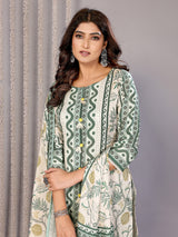 Dista Elora Off White & Forest Green Linen Floral & Geometric Printed Straight Round Neck Kurta Set, view 2
