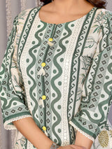 Dista Elora Off White & Forest Green Linen Floral & Geometric Printed Straight Round Neck Kurta Set, view 3