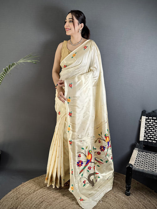 Dista Elora Off-White Lichi Silk Parrot & Floral Woven Design Zari Weaving Paithani Saree