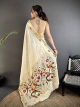 Dista Elora Off-White Lichi Silk Parrot & Floral Woven Design Zari Weaving Paithani Saree, view 2
