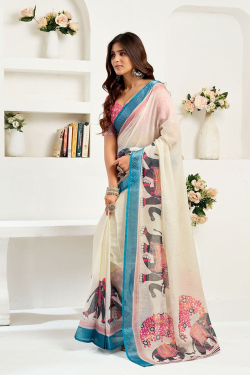 Dista Elora Off White Linen Elephant Motifs Printed Ready To Wear Saree