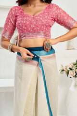 Dista Elora Off White Linen Elephant Motifs Printed Ready To Wear Saree, view 2