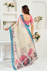 Dista Elora Off White Linen Elephant Motifs Printed Ready To Wear Saree, view 4
