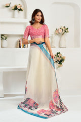 Dista Elora Off White Linen Elephant Motifs Printed Ready To Wear Saree, view 5