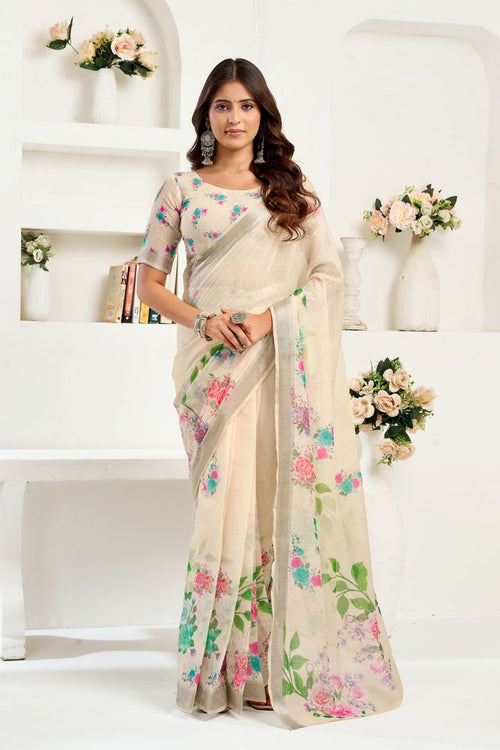 Dista Elora Off White Linen Floral Printed Ready To Wear Saree