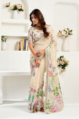Dista Elora Off White Linen Floral Printed Ready To Wear Saree, view 2