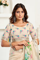 Dista Elora Off White Linen Floral Printed Ready To Wear Saree, view 4
