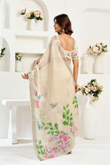 Dista Elora Off White Linen Floral Printed Ready To Wear Saree, view 5