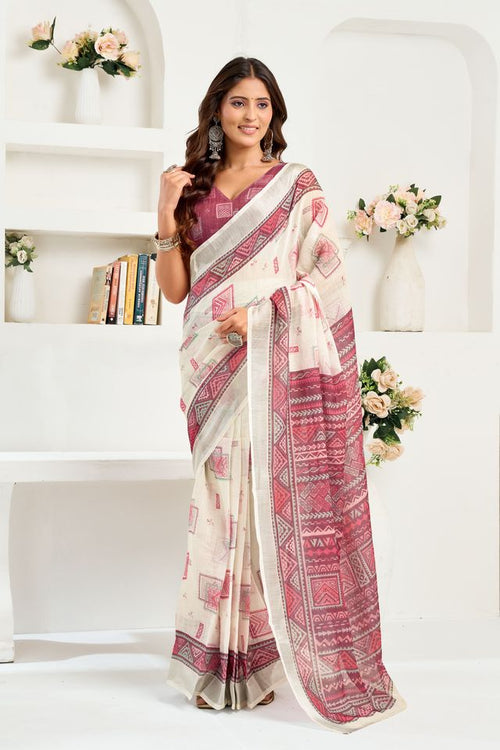Dista Elora Off White Linen Geometric Printed Ready To Wear Saree